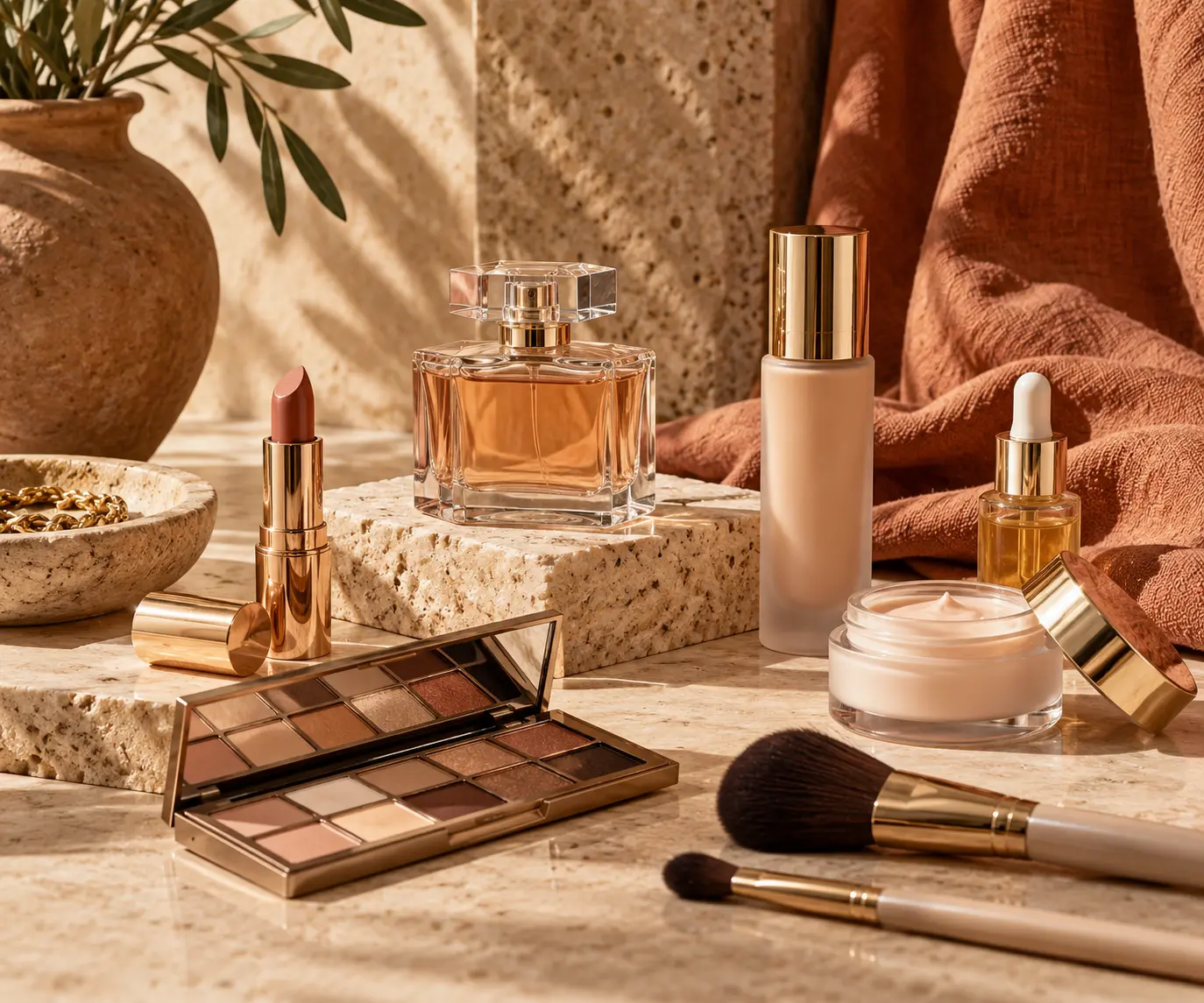Beauty essentials in a warm still life