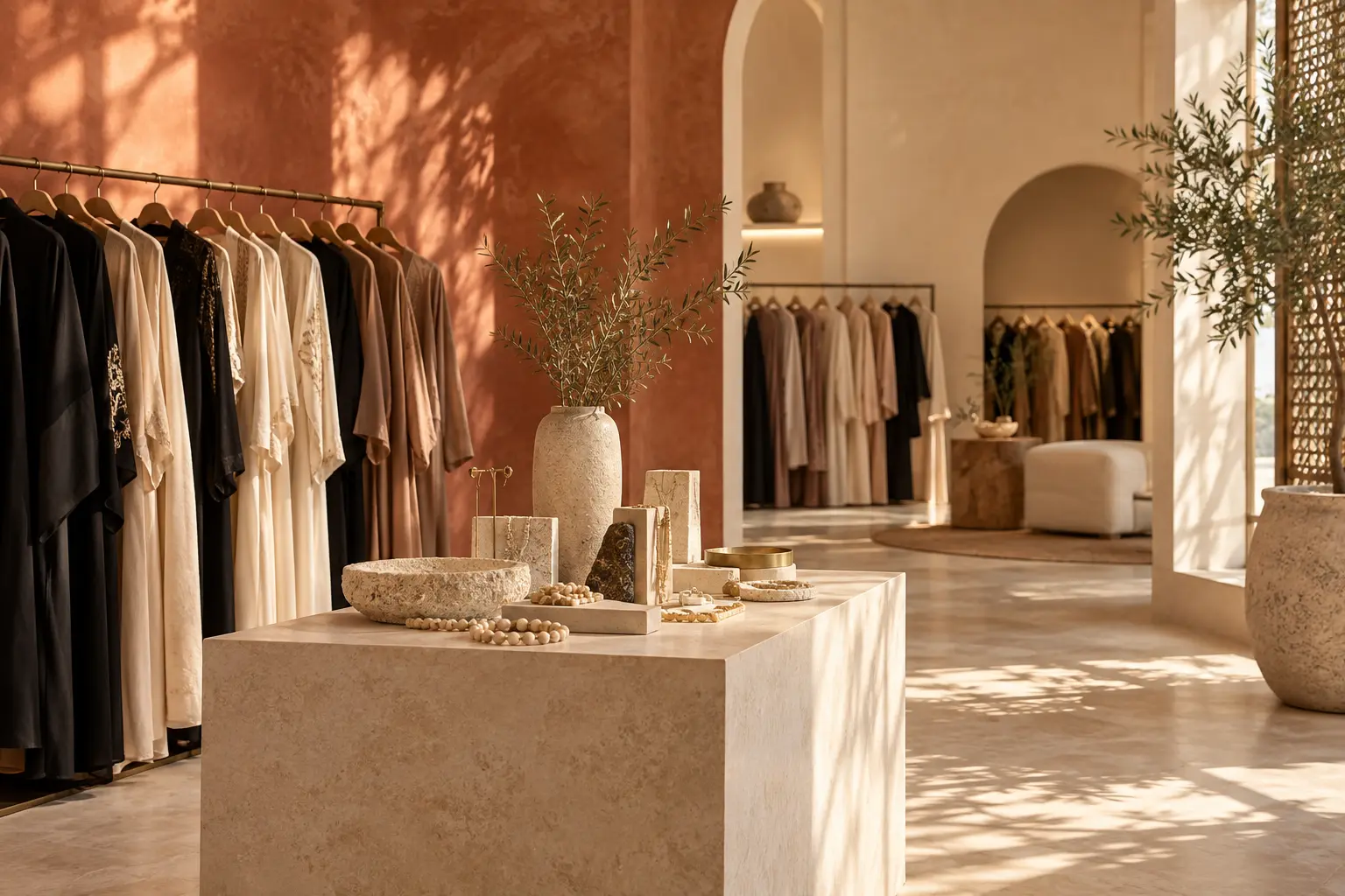 A warm boutique interior with curated fashion and accessories