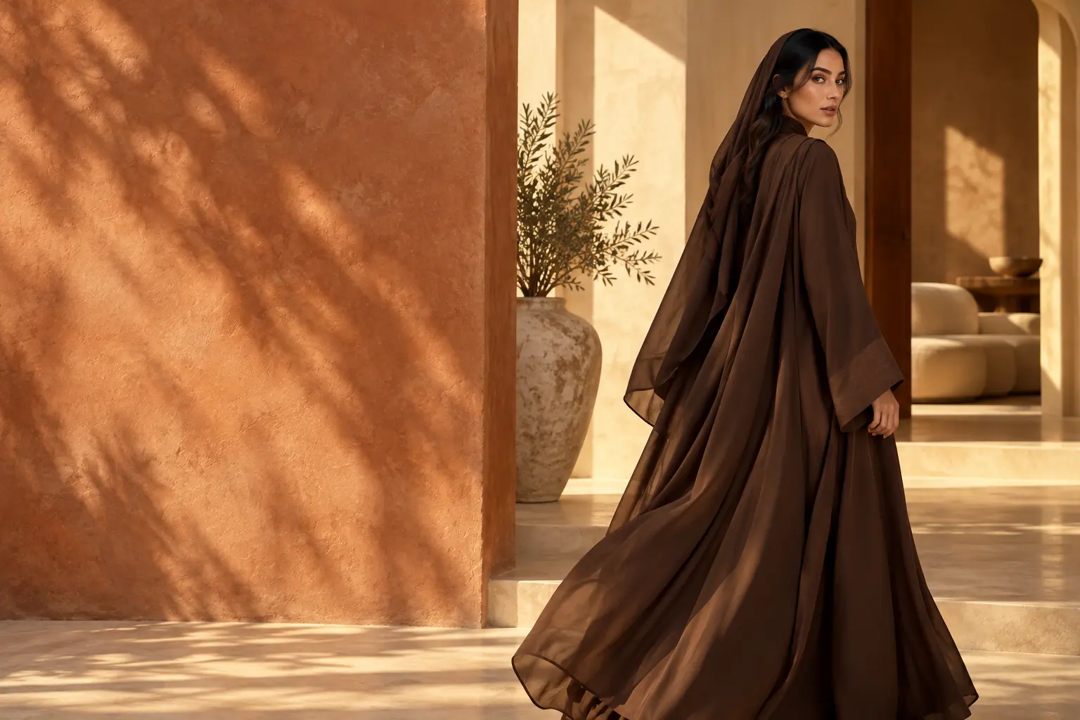 A flowing abaya in a warm, sunlit architectural setting